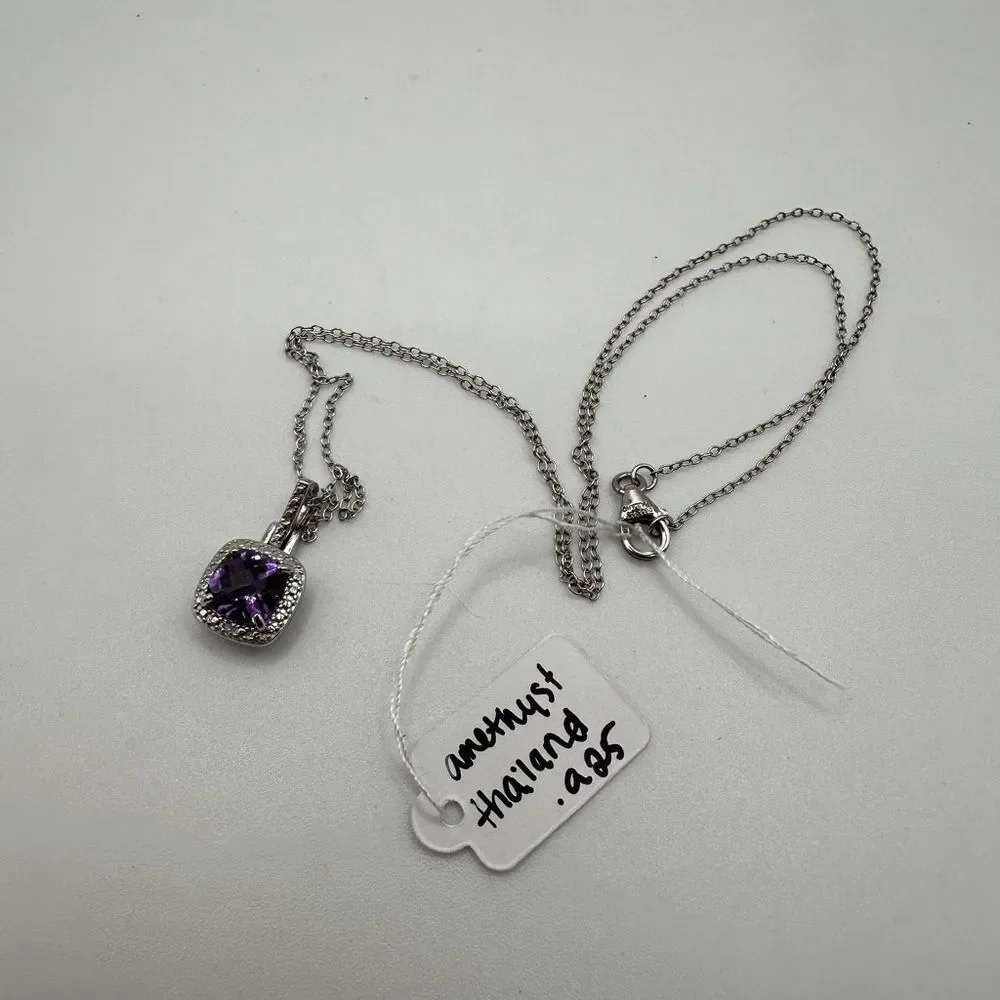 Stunning checkboard faceted cushion cut‎ amethyst necklace in sterling silver!